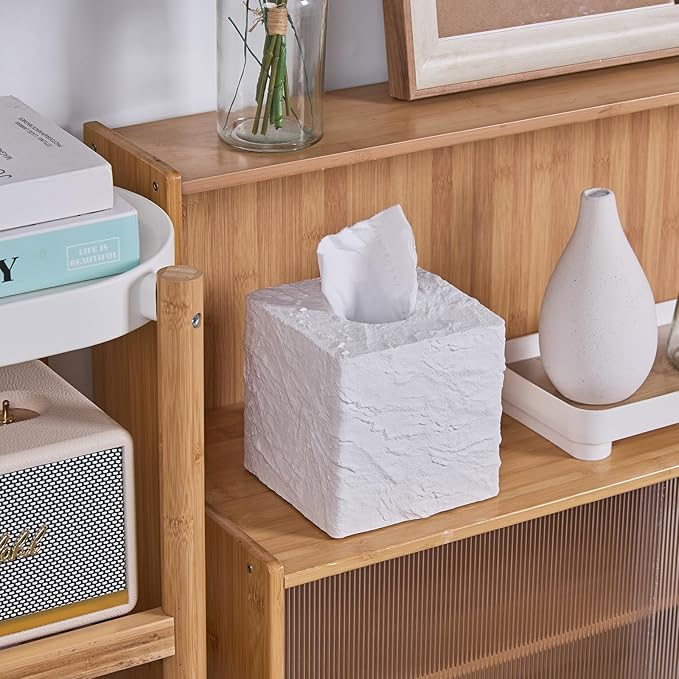 Natural Rock Textures Tissue Box Cover Square for Home Decor, Wild Raw Rocks Resin Heavy Cube Tissue Box Holder for Bathroom Countertop, Tabletop, Night Stand, Office Desk (White)