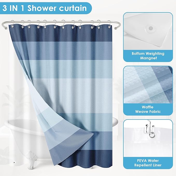 Nesphy Shower Curtain and Liner, Ombre Blue Striped 3 in 1 Shower Curtain and PEVA Liner Set with 12 Rust-Resistant Metal Hooks, Waterproof Fabric Shower Curtains for Bathroom, 72 W x 72 H
