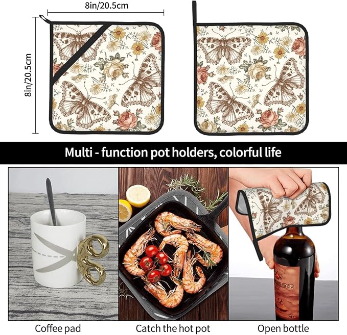 2-PC Retro Butterfly and Flowers Pot Holders, Heat Resistant Hot Pot Pads for Kitchen Camping, Non-Slip Grip Pad Holder with Three Layers Soft Fabric (Beige)