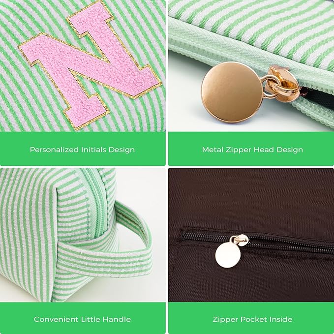 Btffitting Personalized Makeup Bag for Women Girls - Fashion Cosmetic Bag Trendy Travel Toiletry Bag with Initials Letter - Teen Gifts - Green,N
