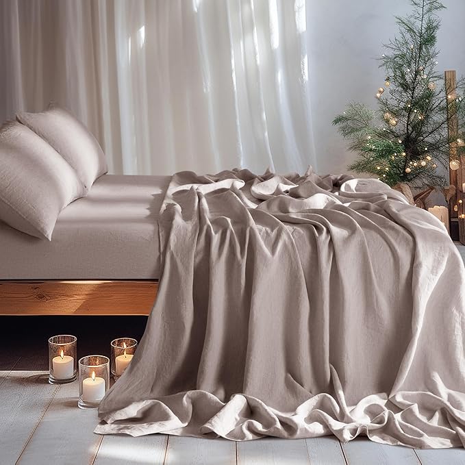 LBRO2M 100% Linen Sheet Set 16" Deep Pocket California King Size,Bed Sheets 4 Piece Sets,Solid Color Natural Flax Bed Sheets Soft Breathable Bedding,All Season (Clifornia King, Mauve Desert)