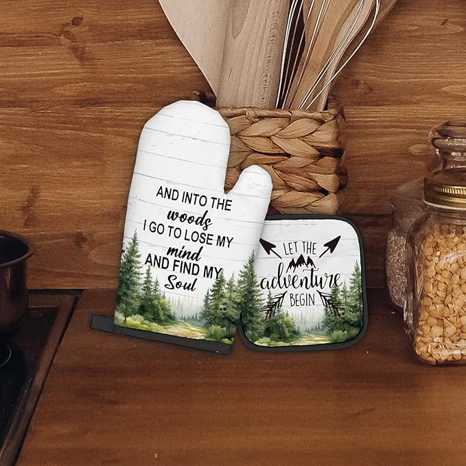 Camper Camping Gifts Oven Mitts and Pot Holders Sets, Camping Rustic Mountain Kitchen Accessories Sets, Rustic Into The Woods Heat Resistant Oven Glove Potholders for Kitchen Cooking Baking BBQ