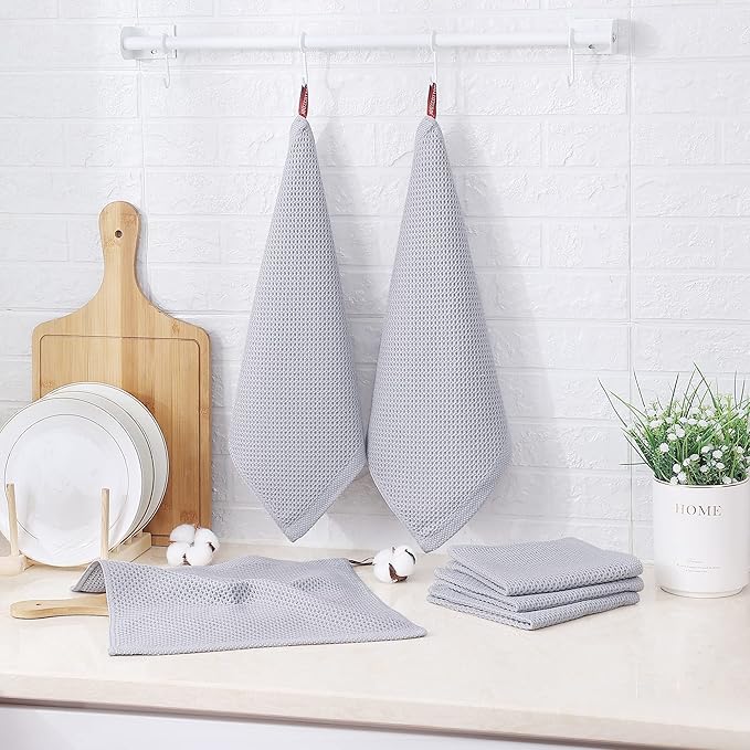 Kitinjoy 100% Cotton Kitchen Dish Cloths, 12 Pack Waffle Weave Ultra Soft Absorbent Dish Towels for Drying Dishes Quick Drying Kitchen Towels Dish Rags, 12 X 12Inch, Light Grey
