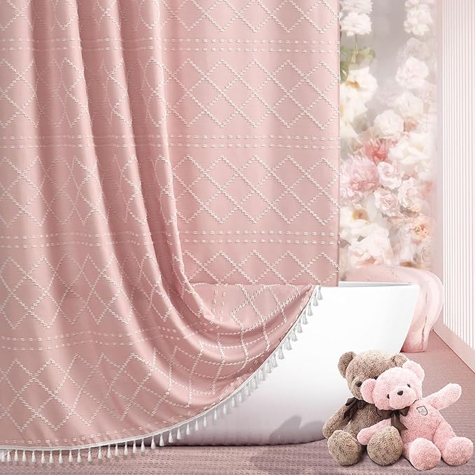 Extra Long Pink Textured Boho Shower Curtain with Tassels 72 x 78 Tufted Chevron Striped Chenille Woven Fabric Cloth Shower Curtain Modern Farmhouse Minimalist, Shabby Chic Home Decor for Bathroom