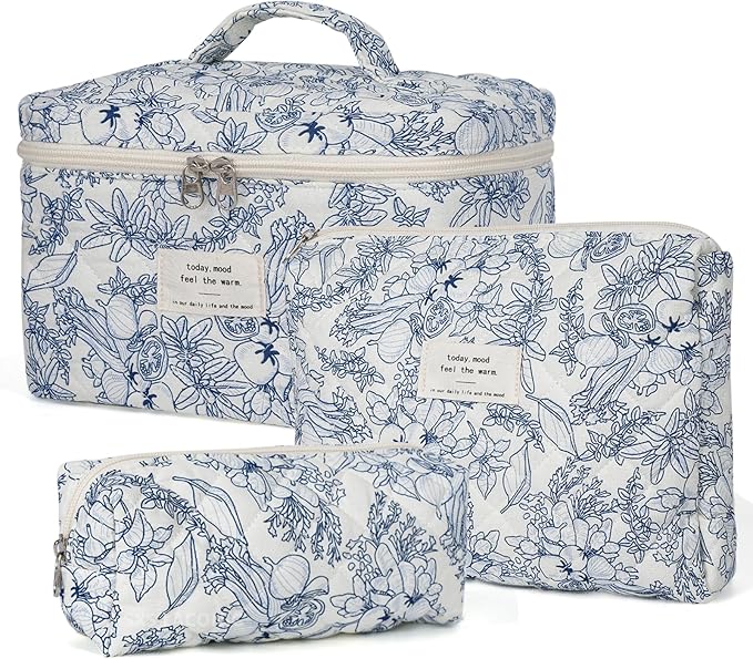 SXS LACONIC Quilted Makeup Bag,Large Cosmetics Bag Set,Coquette Floral Make up Pouch,Travel Toiletry Bag for Women