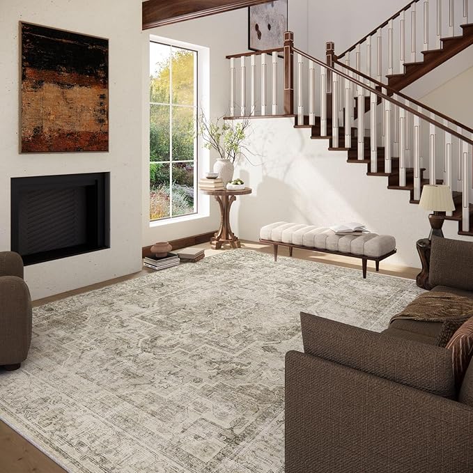 Washable Area Rugs for Living Room: 8x10 Bedroom Area Rugs Boho Vintage Rugs Stain Resistant Non Slip Low Pile Soft Lightweight Carpet for Kitchen Dining Room Farmhouse Nursery Kids Room Home Office