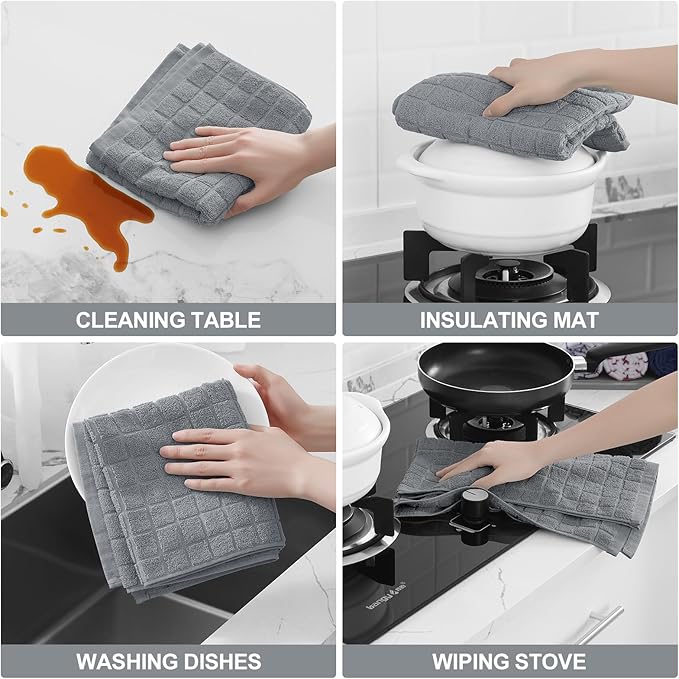 Homaxy Premium Cotton Kitchen Towels 16"x 28", Large Natural Ring Spun 390 GSM Dish Towels, Super Absorbent Terry Kitchen Hand Towels, Soft Tea Towels with Hanging Loop, Pure Grey Design, 12 Pack