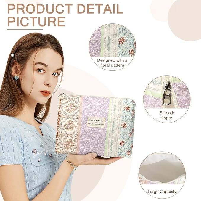 Gosect Floral Makeup Bag, Small Cosmetic Bag for Women Girls, Cute Cotton Makeup Bag, Quilted Makeup Bags, Flower Travel Toiletry Organizer Bag(Color-Coded Floral)