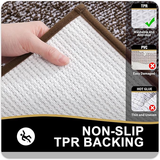 OLANLY Toilet Rugs U-Shaped 24x20, Extra Soft and Absorbent Microfiber Bathroom Rugs, Non-Slip, Machine Wash Dry, Plush Shaggy Contour Bath Mats for Toilet Base (Brown and White)