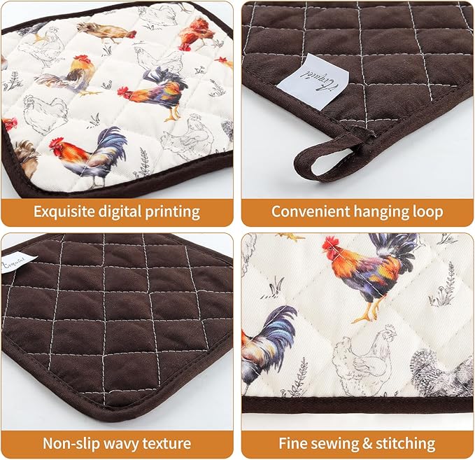 Roosters Oven Mitts and Pot Holders Sets 4Pcs, 100% Cotton Heat Resistant, Extra Long Oven Gloves Potholder for Kitchen Cooking Baking Decoration
