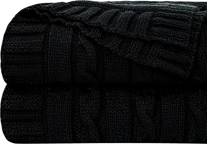 NTBAY 100% Pure Cotton Cable Knit Throw Blanket, Super Soft Warm 51x67 Knitted Throw Blanket for Couch, Sofa, Chair, Bed - Extra Cozy, Machine Washable, Comfortable Home Decor, Black