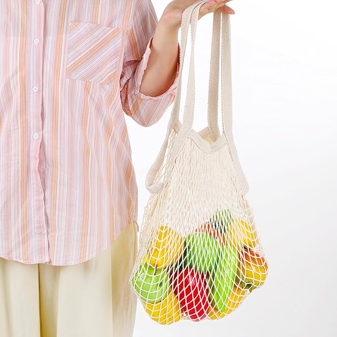 Gtziqa 2 Pack Reusable Mesh Grocery Bags, String Bags Cotton Net Tote Produce Bag Washable Long Handle Farmers Market Bag Portable Fruit and Vegetable Bags, Beige