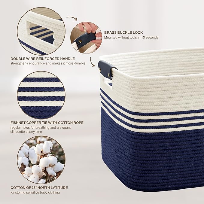 SunNewt 45L Small Laundry Basket with Leather Handles for Living Room Storage, Woven Rope Baskets Bin for Blanket, Kids Toy, Gifts, Wicker Hamper for Bedroom Dirty Clothes, 18"x14"x11" White Navy