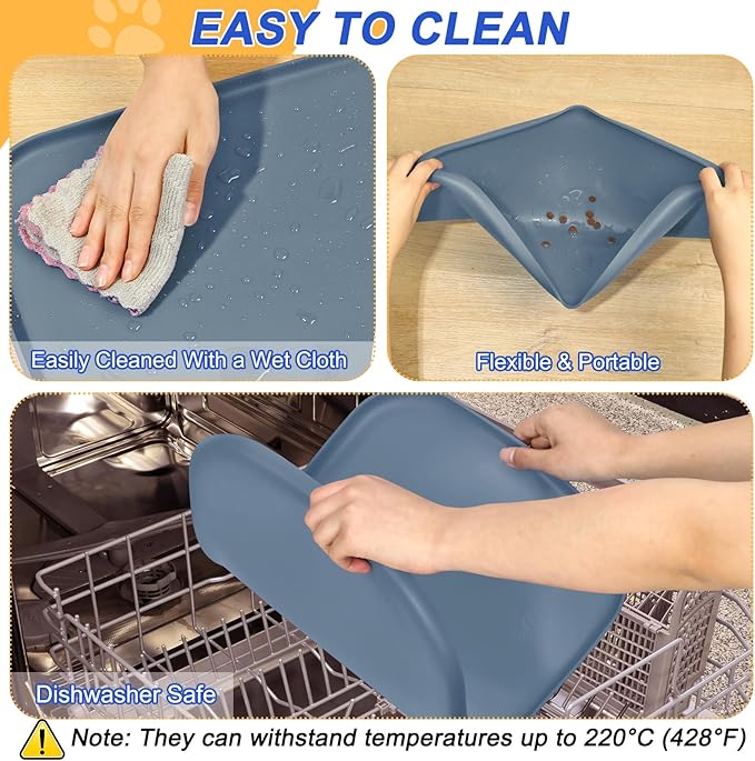 SMILOOL Silicone Pet Feeding Mat with Raised Edge for Food and Water, Dog Bowl Mats, Cat Bowls Placemat with High Lip for Floor Waterproof, Rubber Tray for Cats and Dogs 22 x 14 x0.8 Slate Blue