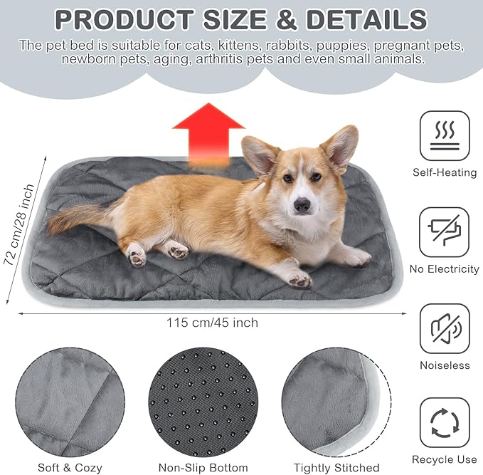 Clysee 2 Pack Self Heating Cat Mat Self Warming Pet Pads Washable Kennel Mat Dog Crate Pad Reflects Body Heat Non Skid Cat Thermal Pads for Puppy Indoor Outdoor(Gray,45 x 28 Inches)