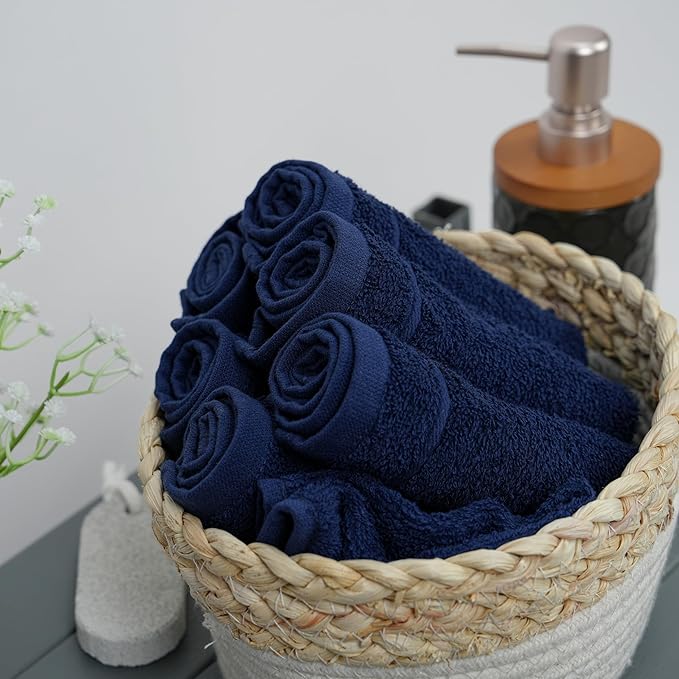 Tens Towels Pack of 12 Washcloths, 12 x 12 Inches, Lighter Weight, Quick to Dry, Super Soft & Absorbent, Gentle Face Towels, Hotel Quality, Perfect for Bathroom, Gym, Spa (Navy, 12 Pack)