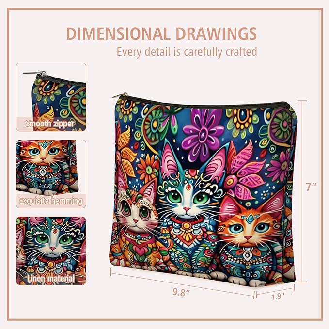 Girlly Bohemian Cat Mom Makeup Bag Valentines Day Gift: Cute Boho Cats Themed Cosmetic & Toiletry Organizer Pouch For Daughters, Sisters, Friends,Teen Girls & Women.Ideal Gift For Travel, Birthdays.