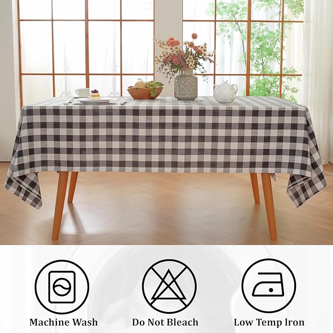 Alsoo Gingham Table Cloth Rectangle Tablecloth Heavy Duty Cotton Checkered Tablecloths Linen Table Cover for Spring Picnic Kitchen Dining, Black and White, 60 * 106 inch