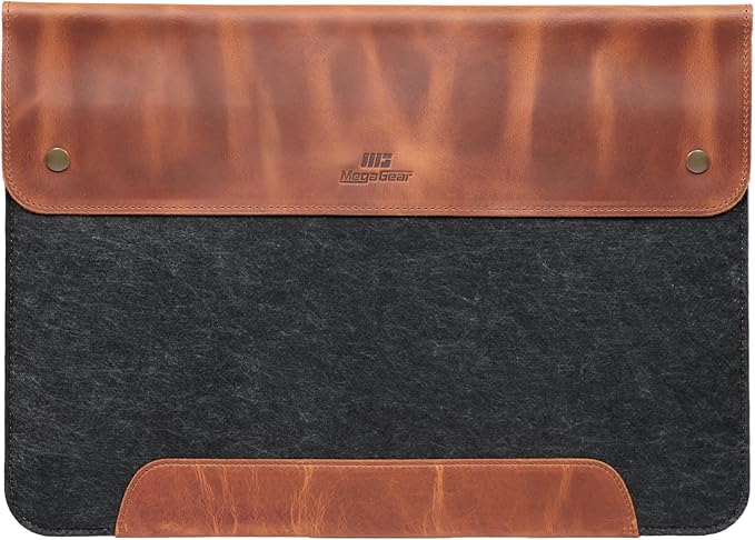 MegaGear Genuine Leather and Fleece MacBook Bag Laptop Sleeve for MacBook Pro and MacBook Air Case 14 Inch - 13 Inch (M4, M3, M2, M2, M1, Pro, Max) 13.3 Inch, iPad Pro 12.9 Inch - 2020 to 2024 Models