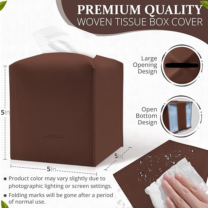 Tissue Box Cover, PU Leather Tissue Box Holder with Bottom Belt, Modern Square Tissue Box Covers with Wide Opening (Brown, Woven Patterns)