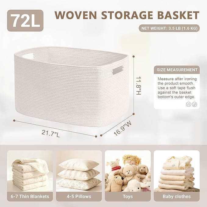 SunNewt 72L Large Baby Girls Laundry Basket for Nursery Storage,Cute Woven cotton Rope Baskets for Kids Toy，Gifts,Boho Square Wicker Blanket hamper for Living Room,Bedroom Dirty Clothes, White