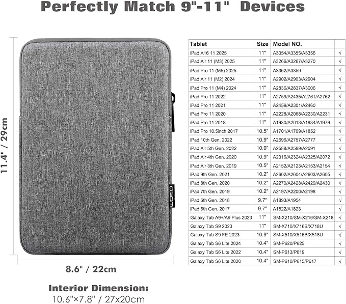 MoKo 9-11 Inch Tablet Sleeve Bag Carrying Case Fits New 11inch iPad Air M3, iPad A16 2025, iPad Pro 11 M4, Air 5/4/3, iPad 10/9/8th Gen, Tab S8/S9 11", Light Gray