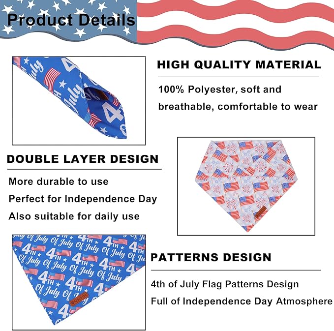 ADOGGYGO American Flag Dog Bandanas 2 Pack, Triangle Reversible Independence Day Pet Scarf Bib, Red Blue 4th of July Bandana for Extra Large Dogs (X-Large)