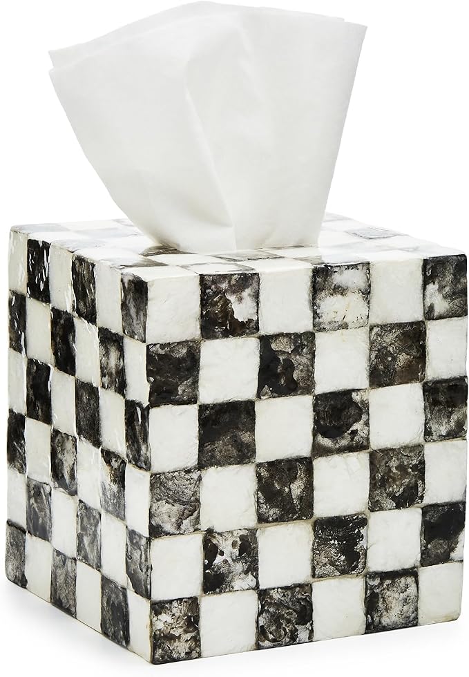 MACKENZIE-CHILDS Boutique Square Capiz Tissue-Box Cover, Decorative Tissue Holder, Black-and-White Courtly Check
