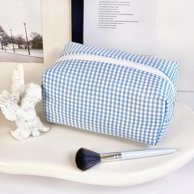 STARDW Checkered Makeup Bag Cute Cosmetic Bags for Women and Girls, Travel Toiletry Bag, Small Zipper Makeup Pouch, Purse Organizer Pouches Canvas Lining