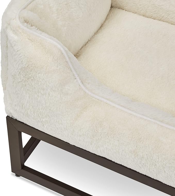 FUZI Elevated Dog Bed Small with Extra Cover, Luxury Raised Dog Beds, Removable and Machine Washable Bed Cover, Indoor/Outdoor Orthopedic Pet Bed, Small 25.1x16.75x18 Soft White & Dark Brown Base