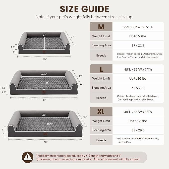 Warmrest Large Dog Beds Large Sized Dogs, Orthopedic XXL XL Dog Bed for Medium Size Dogs, Big Waterproof Couch Sofa with Removable Washable Cover for Pet, Dark Grey, 48"*35"*8"