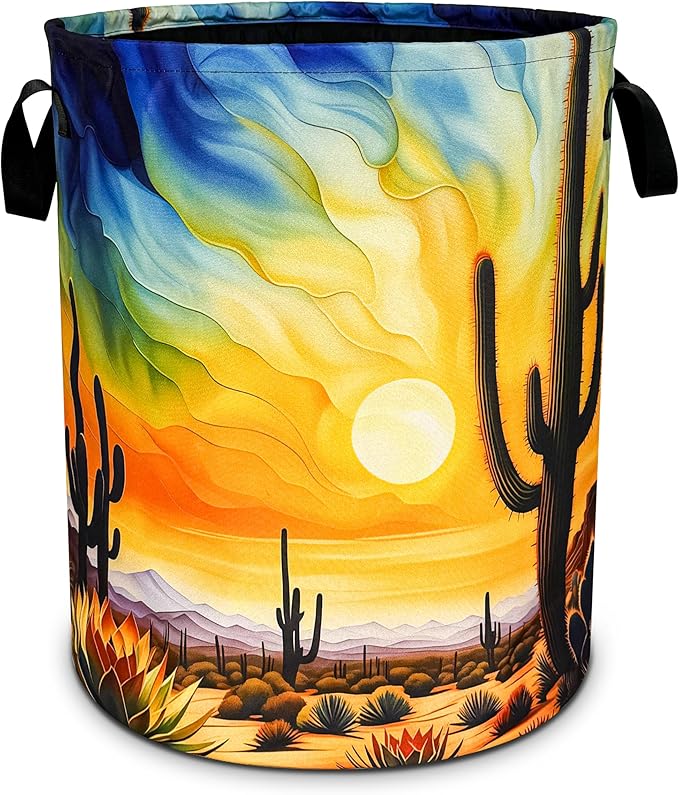 NUTAINLA Desert Cactus Laundry Basket Sunset Foldable Oxford Cloth Funny Tote Bag Laundry Hamper Clothes Storage Bucket Toy Organizer For Bathroom/Laundry Storage/Bedroom 18.9x16.5 Inch