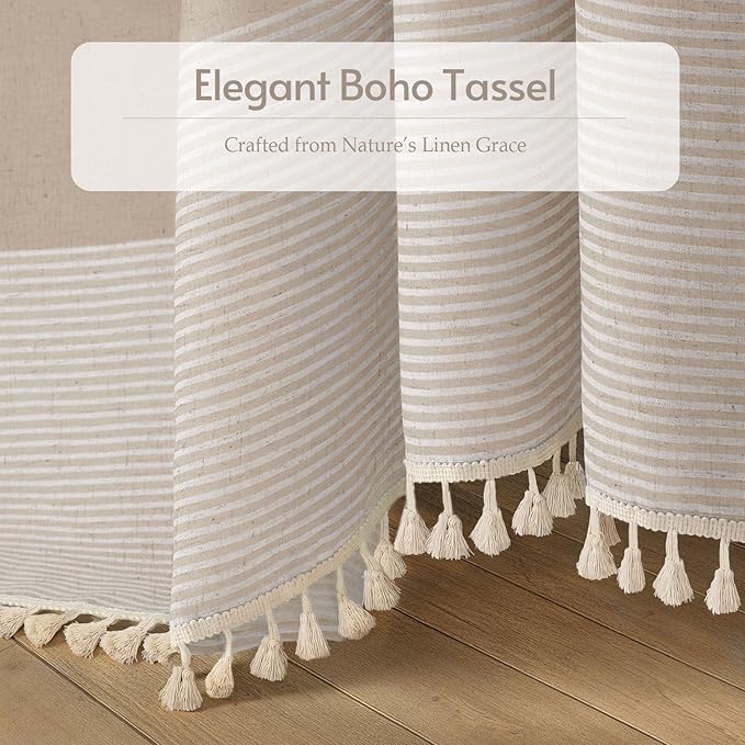 XOGUIBO Beige Shower Curtain Boho Linen Striped Shower Curtains for Bathroom with Tassel 72 X 72