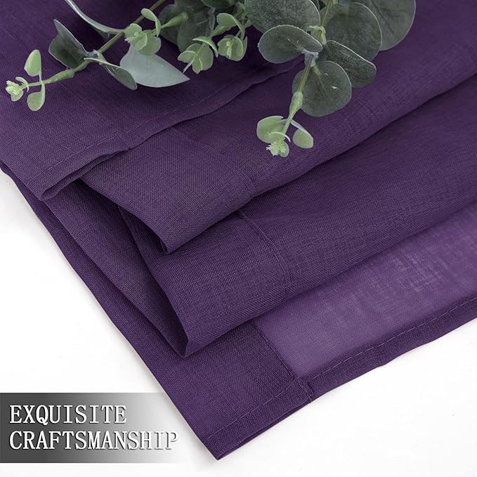 Tollpiz Short Sheer Tier Curtains Linen Textured Half Kitchen Curtain Sheers Light Filtering Rod Pocket Voile Small Curtain for Bathroom, 25 x 24 inches Long, Royal Purple, Set of 2 Panels