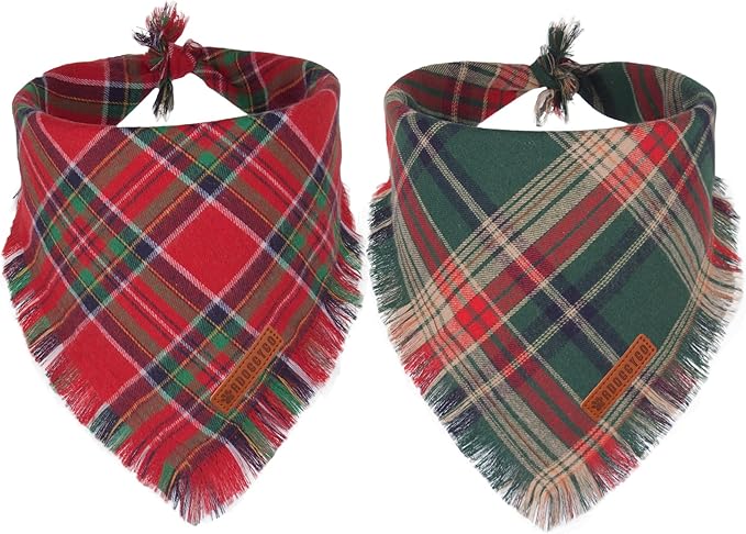 ADOGGYGO Christmas Dog Bandanas with Tassels Edges, Stylish Plaid Dog Christmas Scarf Bib, Multiple Sizes Offered, Plaid Bandanas for Medium Large Dogs (Large)