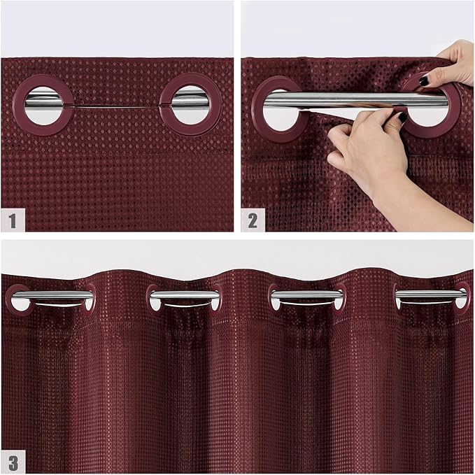 MitoVilla No Hooks Needed Extra Long Shower Curtain Liner Set, Burgundy 86 inch XL Heavyweight Waffle Fabric Cloth Shower Curtains Set with Snap-in Liner for Modern Luxury Hotel & Spa Bathroom Decor
