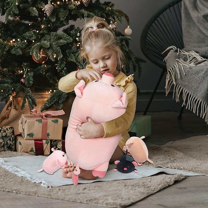 Achwishap Pig Stuffed Animal Mommy 19.6” with 3 Pig Babies Plush,4 PCS Cute Pig Plushie Pillow,Kawaii Plush Toys Soft Hugging Pillow for Kids Girls Boys Birthday Gifts for Valentines(Pink Pig Family)