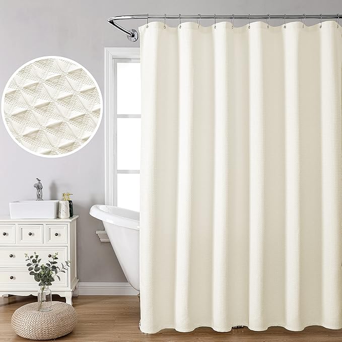 MISS SELECTEX Machine Washable Cloth Shower Curtain, Matt Waffle Durable Thick Cloth Shower Curtain for Bathroom,Premium Water Repellent Fabric Luxury Spa Hotel Shower Curtain(72Wx72H,Ecru/Beige)