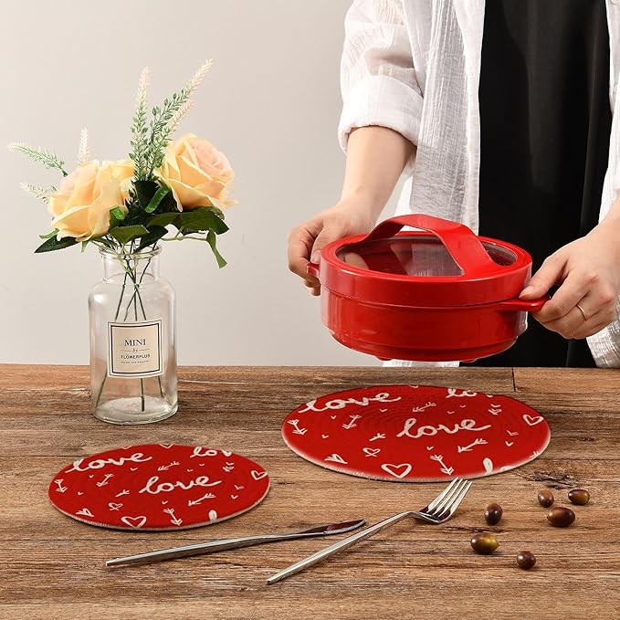 Valentine's Day Hearts Arrows Trivet Mat 2PCS Round Woven Potholders Kitchen Table Countertop Protector Hot Pads Farmhouse Coasters Counter Mats for Cooking Baking