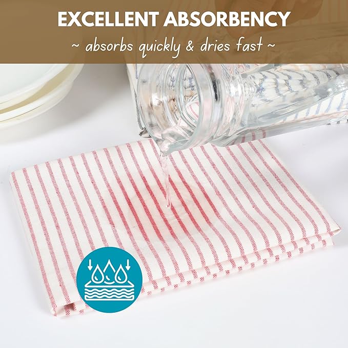 Native Fab 4 Pack Farmhouse Stripe Kitchen Dish Towels Cotton Super Absorbent Quick Drying Reusable 18x26 Inches - Bar Hand Towels, Kitchen Cleaning Towels with Hanging Loop, Milenna Red