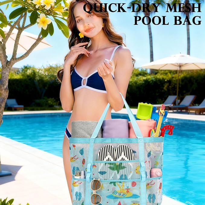 Fammart Mesh Beach Bag, Large Beach Tote with Zipper Pocket for Family Pool Bag for Toys & Vacation Essentials