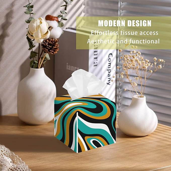 BLYKVGHQ Liquid Stripes Square Tissue Box Cover Brown and Black Abstract Wave Line Tissue Box Holder Facial Cube Paper Dispenser Leather Decorative Organizer Home Office Desk Decor, 5.2"x5.2"x5.2"