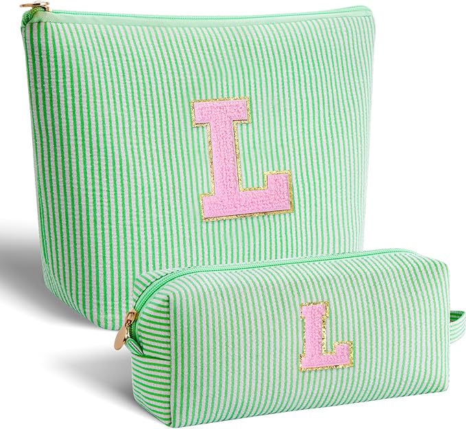 Btffitting Monogrammed Gifts for Women - Cosmetic Bag for Teen,Initial Cute Makeup Bag Set for Women,Trendy Pouch for Niece Sister Friend Female Her,Birthday Gifts for Daughter - Green,L