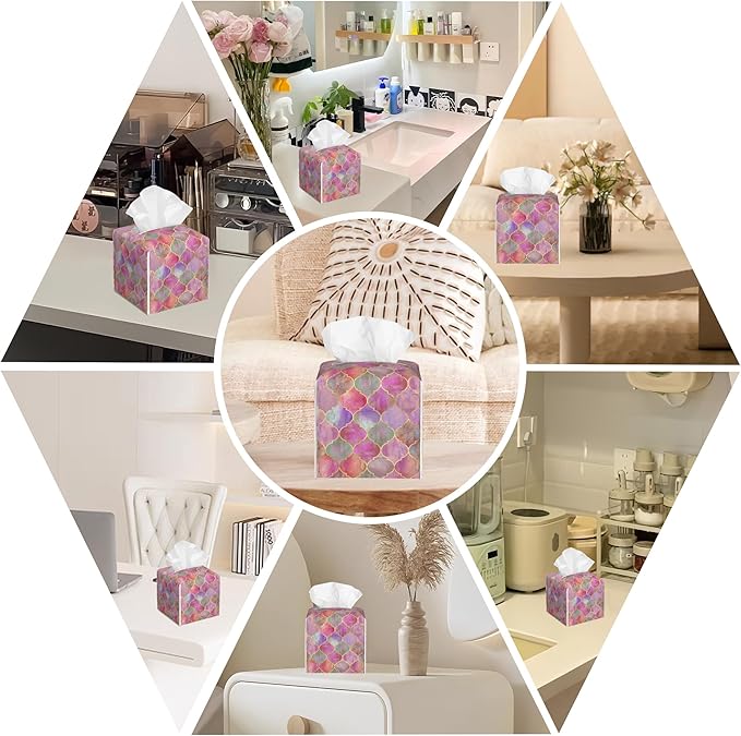 BLYKVGHQ Pink Moroccan Quatrefoil Tissue Box Cover Square, Tissue Box Holder with Bottom Belt Leather Facial Paper Organizer Dispenser for Bathroom Bedroom Dresser Night Stand Tabletop