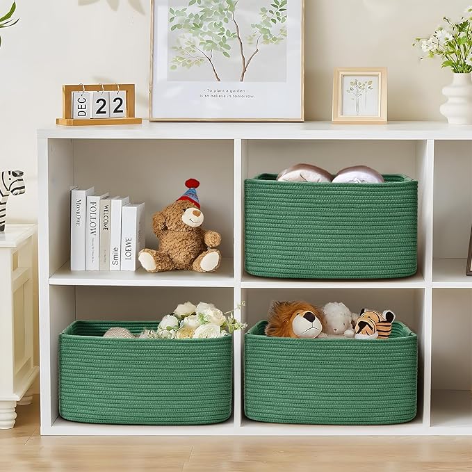 3 Pack Large Storage Basket for Organizing, 17.5"x13.5"x7.5" Woven Basket for Shelves, Closet Cube Storage Bins with Wrapped Handle, Cotton Rope Baskets for Kitchen, Clothes, Toys(Green)