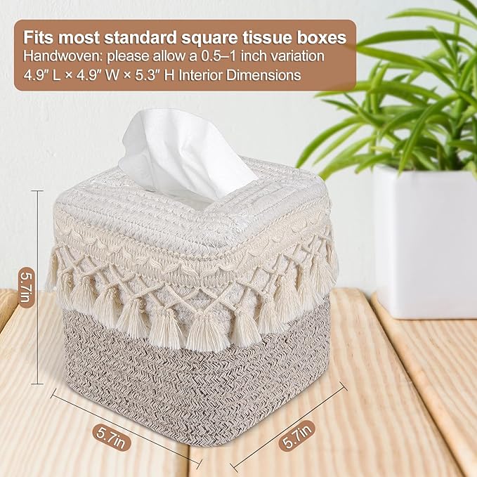 Square Boho Tissue Box Cover: Hand-Woven Tassel Holder for Bathroom, Table & Kitchen – Open-Bottom Design Decorative Cover for Home, Office & Farmhouse Decor (1, Tassel Ivory/Taupe, One Size)