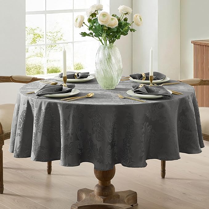 Newbridge Barcelona Damask Fabric Tablecloth, 90 Inch Round, Grey – No Iron, Soil Resistant Table Cover for Dining, Parties and Holidays