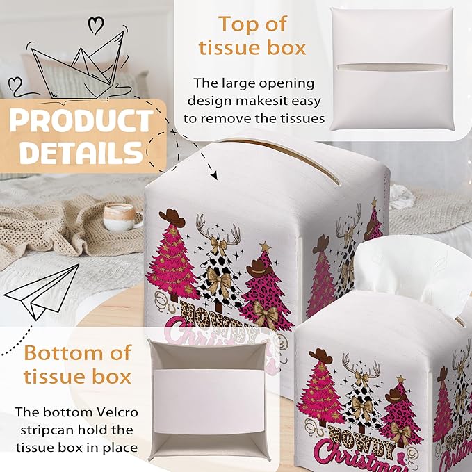 Christmas Tissue Box Holder, Pink Western Cowboy Christmas Trees Leather Tissue Box Cover Square, Paper Facial Decorative Tissues Cover for Night Stands Bathroom Office Home Decor-B08