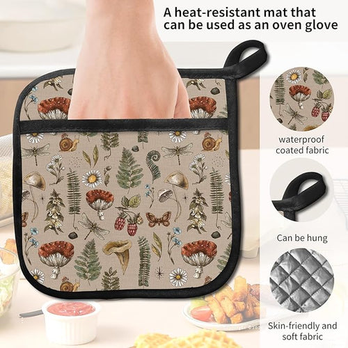 2 Pack Pot Holders for Kitchen Clearance, Cute Hot Pads, Funny Oven Pot Holders, Potholders Sets for Kitchen Heat Resistant Brown Boho Mushrooms