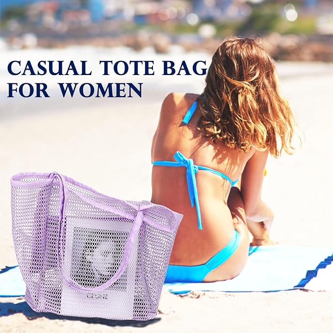 Fammart Mesh Beach Bag, Large Beach Tote with Zipper Pocket for Family Pool Bag for Toys & Vacation Essentials